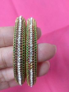 1 Set Of Bangles(Red Green Color &amp; White Stones)And 1 Set Of Silk Thread Earrings (Yellow Color)