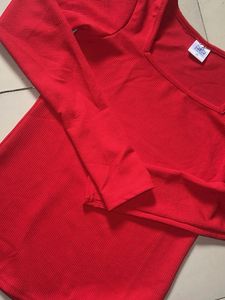 Red Square Neck Long Sleeve Top