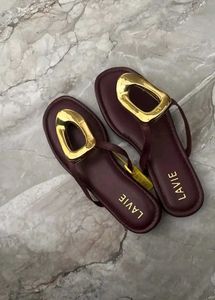 Stylish Burgundy Flat Sandals with Gold Buckle