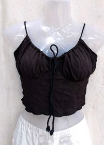 I. Black Ribbed Tie-Front Crop Top