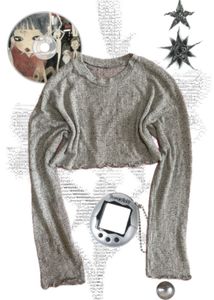 Y2K Grey Cropped Long Sleeve Shirt