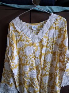 Yellow Floral Kurta with White Lace Detail