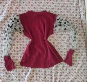 Burgundy Knit Top with Sheer Polka Dot sleeves