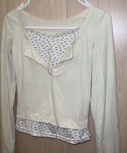 Cream Ribbed Knit Floral Trim Top