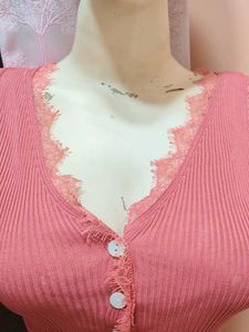 Pink Lace Trim Button-Up Ribbed Top