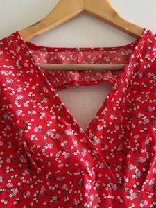 Red Floral Mini Dress with V-Neck