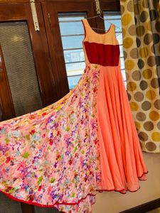 Elegant Peach &amp; Floral Print Gown