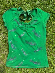 Green Graphic Top with Bow Back