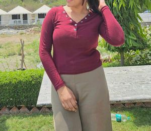 Stylish Burgundy Ribbed Henley Top