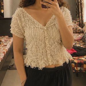 Vintage Cream Lace Button-Up Blouse