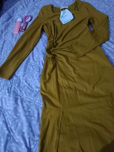 Mustard Yellow Ruched Midi Dress