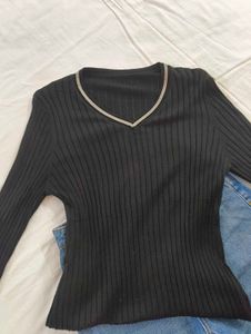 Black Ribbed V-Neck Top