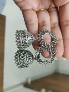 Oxidized Silver Jhumka Earrings Set of 3