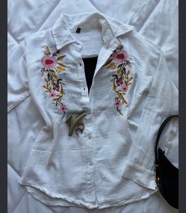Embroidered White Button-Down Shirt