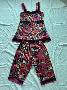 Silky Pajama Set - Pink Geometric Print