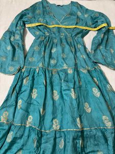 Teal Ethnic Gown/Dress with Gold Print