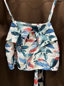 Boho Floral Print Ruffle Crop Top with bow at back