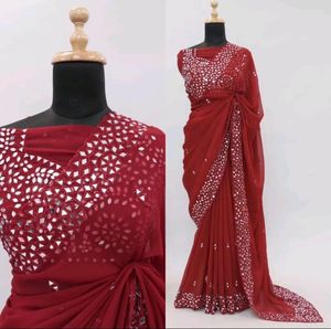 Beautiful Red Organza Real Mirror Work Saree With
