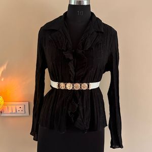 Black Ruffle Blouse with Coin Belt