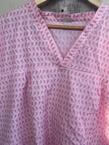 Pink Printed V-Neck Kurta