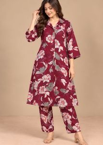 Maroon Floral Print Kurta Set