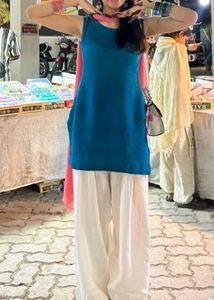 Teal Kurta White Palazzo pink dupatta