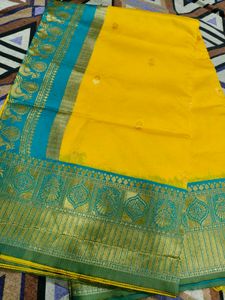 Elegant Yellow Silk Saree with Teal Border