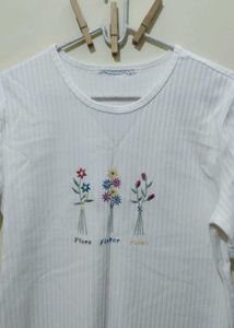 White Ribbed T-Shirt top with Floral Embroidery