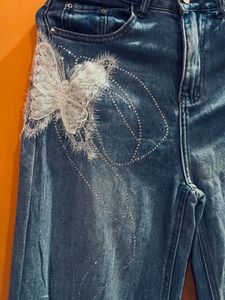 Stylish Wide Leg Jeans with Butterfly Detail
