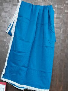 Elegant Blue Dupatta with White Lace Trim