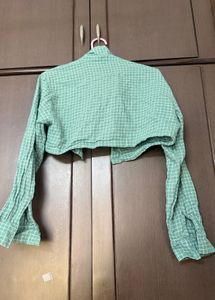 Green Checked Cropped Shrug Shirt for Women