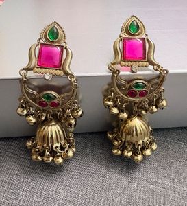 Exquisite Jhumka Earrings with Red &amp; Green Stones