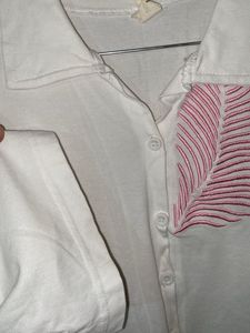 White Feather Embroidered Button-Up Shirt