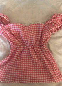 Fitted Whimsy Cute Pink Gingham Off-Shoulder Top