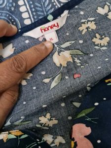 Navy Floral Print Button-Up Top
