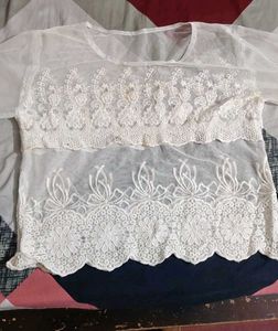 Denim Pinafore Dress with white lace top