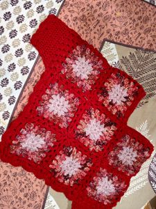 Handmade Crochet Red Floral Poncho Top winters