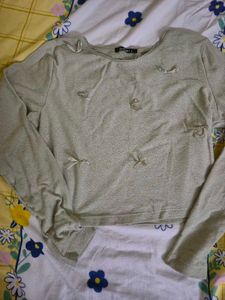 Cute Green Textured Long Sleeve Top