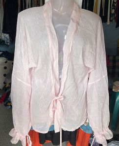 Sheer Pink Blouse with Pearl Trim