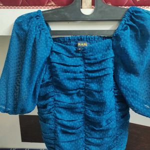 Blue Ruched Puff Sleeve Top