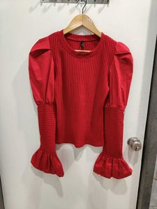 *New arrival*Red Puff Sleeve Ribbed Top