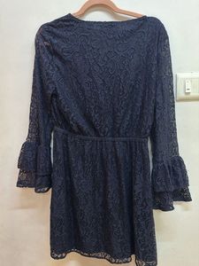 Navy Lace V-Neck Dress with Ruffle Sleeves