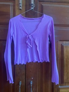 Lavender Tie-Front Ribbed Long Sleeve Top
