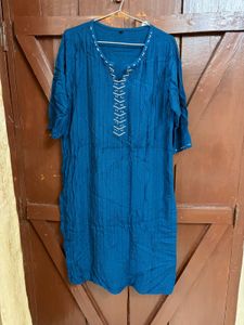 Teal Blue Kurta with Embellished Neckline
