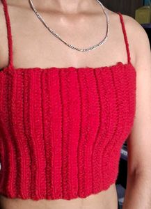 Red Crochet Lace-Up Crop Top