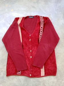 Red Velour Cardigan with Embellishments