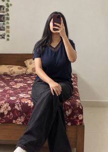 Casual Navy Blue V-Neck Top