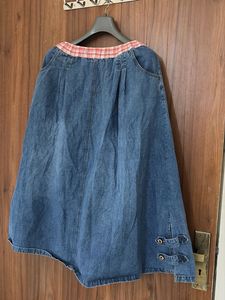 Stylish Blue Denim Skirt with Checkered Elastic Wa