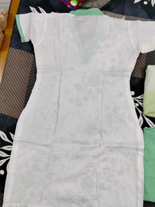 White Kurta Set with Green Embroidery