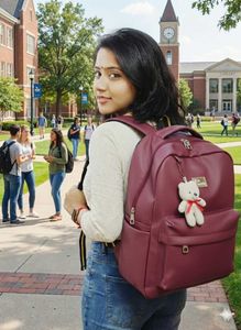 Maroon Backpack with Teddy Charm